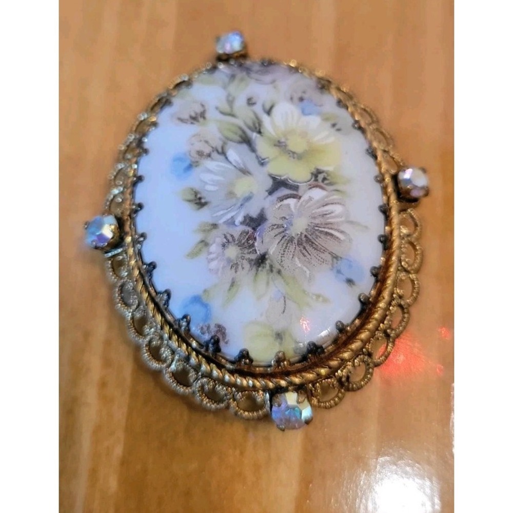 Vintage Hand Painted Porcelain Brooch Pin West Germany Rhinestones